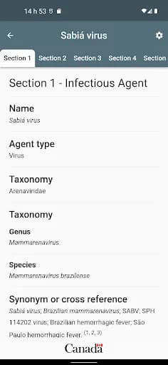 Pathogen Safety Data Sheets screenshot 2