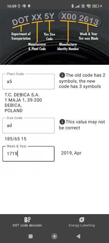 Tire DOT & Energy Labelling screenshot 1