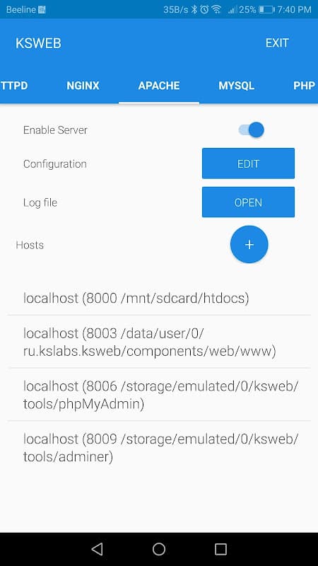KSWEB: server + PHP + MySQL screenshot 2